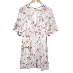 Lulus Women's Floral V-Neck Back Cut Out Neutral Flowy Sheer Ruffle Mini Dress